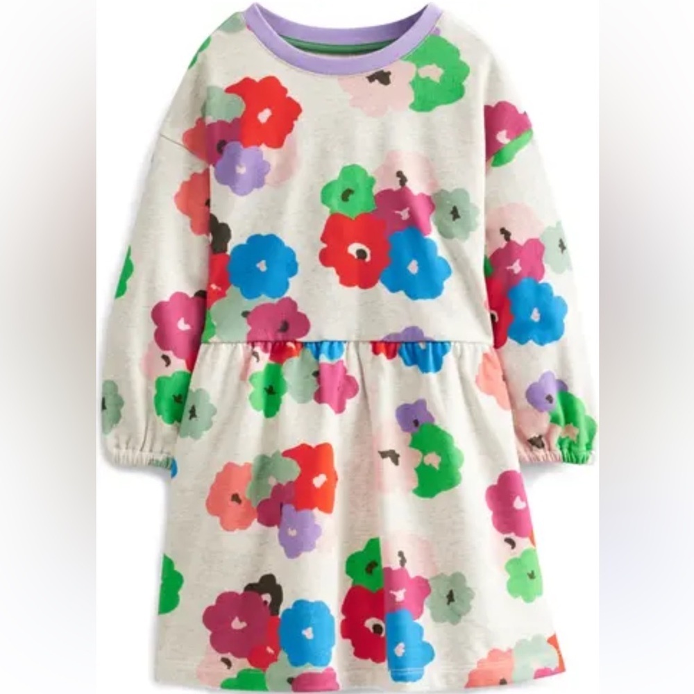 Mini Boden Relaxed Printed Sweat Dress Floral Multicolor Kids Dress 8-9 years